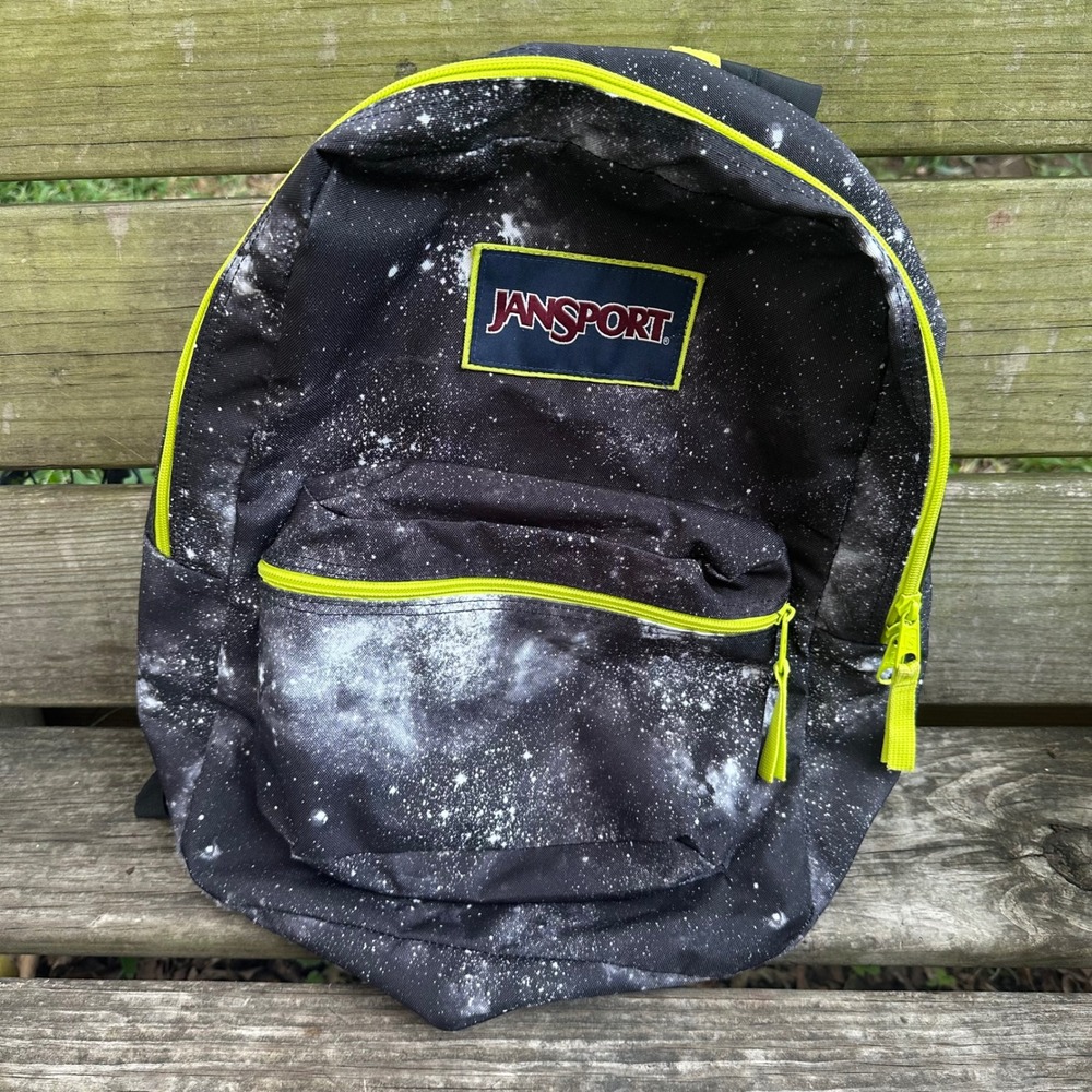 Jansport SuperBreak Backpack Black Galaxy Space Print Neon Green Accents Classic